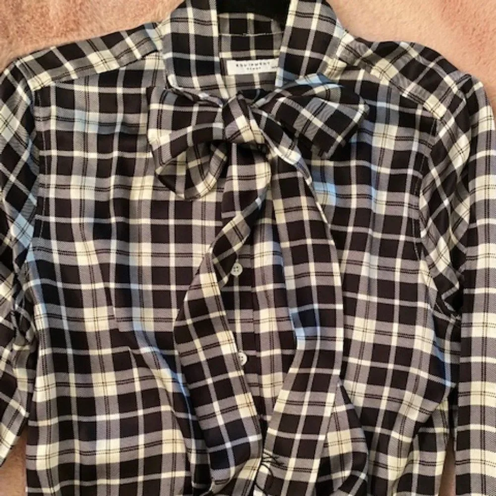 Equipment Plaid 100% Silk Tie Neck Fringe Top M